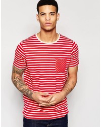 rotes horizontal gestreiftes T-Shirt mit einem Rundhalsausschnitt von Brave Soul