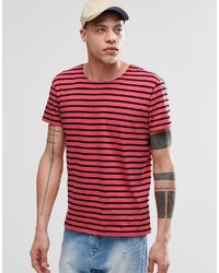 rotes horizontal gestreiftes T-Shirt mit einem Rundhalsausschnitt von Cheap Monday