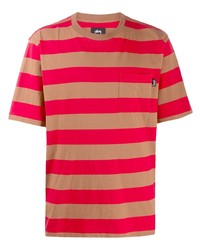 rotes horizontal gestreiftes T-Shirt mit einem Rundhalsausschnitt von Stussy