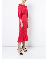 rotes schulterfreies Kleid mit Rüschen von Saloni