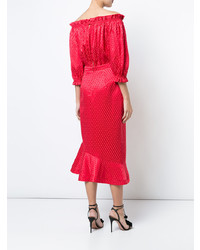rotes schulterfreies Kleid mit Rüschen von Saloni