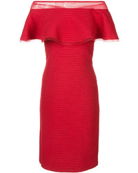 rotes schulterfreies Kleid mit Rüschen von Tadashi Shoji