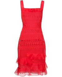 rotes figurbetontes Kleid aus Spitze von Oscar de la Renta