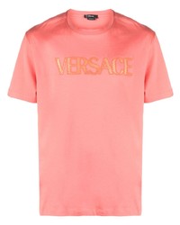 rotes T-Shirt mit einem Rundhalsausschnitt aus Netzstoff von Versace