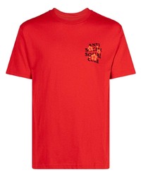 rotes T-Shirt mit einem Rundhalsausschnitt mit Blumenmuster von Anti Social Social Club