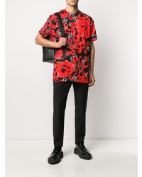 rotes T-Shirt mit einem Rundhalsausschnitt mit Blumenmuster von Les Hommes