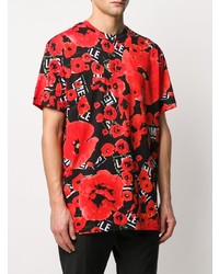 rotes T-Shirt mit einem Rundhalsausschnitt mit Blumenmuster von Les Hommes