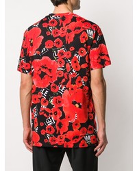 rotes T-Shirt mit einem Rundhalsausschnitt mit Blumenmuster von Les Hommes