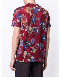 rotes T-Shirt mit einem Rundhalsausschnitt mit Blumenmuster von Etro