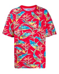 rotes T-Shirt mit einem Rundhalsausschnitt mit Blumenmuster von Moschino