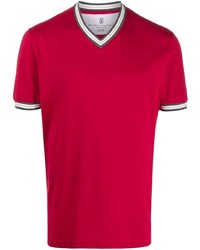 rotes T-Shirt mit einem V-Ausschnitt von Brunello Cucinelli