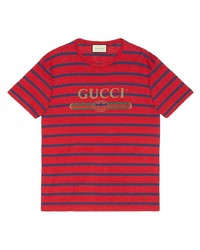 rotes und dunkelblaues horizontal gestreiftes T-Shirt mit einem Rundhalsausschnitt von Gucci