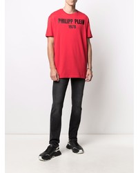 rotes und schwarzes bedrucktes T-Shirt mit einem Rundhalsausschnitt von Philipp Plein