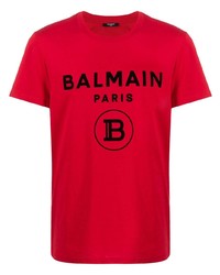 rotes und schwarzes bedrucktes T-Shirt mit einem Rundhalsausschnitt von Balmain