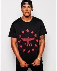 rotes und schwarzes bedrucktes T-Shirt mit einem Rundhalsausschnitt von Boy London