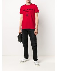 rotes und schwarzes bedrucktes T-Shirt mit einem Rundhalsausschnitt von Balmain