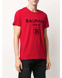 rotes und schwarzes bedrucktes T-Shirt mit einem Rundhalsausschnitt von Balmain