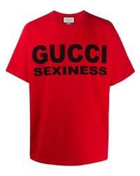 rotes und schwarzes bedrucktes T-Shirt mit einem Rundhalsausschnitt von Gucci