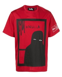 rotes und schwarzes bedrucktes T-Shirt mit einem Rundhalsausschnitt von Haculla