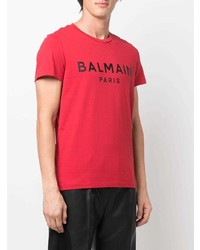 rotes und schwarzes bedrucktes T-Shirt mit einem Rundhalsausschnitt von Balmain