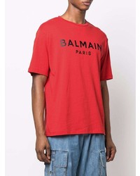 rotes und schwarzes bedrucktes T-Shirt mit einem Rundhalsausschnitt von Balmain