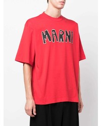 rotes und schwarzes bedrucktes T-Shirt mit einem Rundhalsausschnitt von Marni