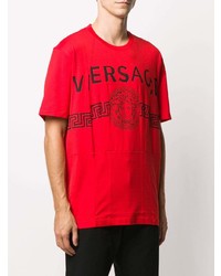 rotes und schwarzes bedrucktes T-Shirt mit einem Rundhalsausschnitt von Versace