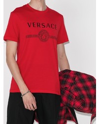 rotes und schwarzes bedrucktes T-Shirt mit einem Rundhalsausschnitt von Versace