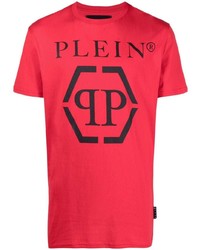 rotes und schwarzes bedrucktes T-Shirt mit einem Rundhalsausschnitt von Philipp Plein