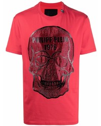 rotes und schwarzes bedrucktes T-Shirt mit einem Rundhalsausschnitt von Philipp Plein