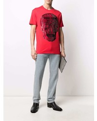 rotes und schwarzes bedrucktes T-Shirt mit einem Rundhalsausschnitt von Philipp Plein