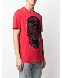 rotes und schwarzes bedrucktes T-Shirt mit einem Rundhalsausschnitt von Philipp Plein