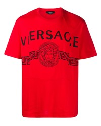 rotes und schwarzes bedrucktes T-Shirt mit einem Rundhalsausschnitt von Versace