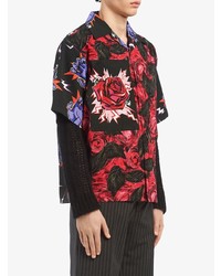 rotes und schwarzes Kurzarmhemd mit Blumenmuster von Prada