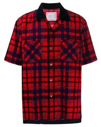 rotes und schwarzes Kurzarmhemd mit Schottenmuster von Sacai