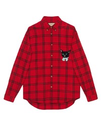rotes und schwarzes Langarmhemd mit Schottenmuster von Gucci