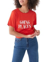 rotes und weißes bedrucktes T-Shirt mit einem Rundhalsausschnitt
