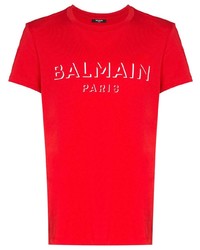 rotes und weißes bedrucktes T-Shirt mit einem Rundhalsausschnitt von Balmain