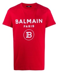rotes und weißes bedrucktes T-Shirt mit einem Rundhalsausschnitt von Balmain