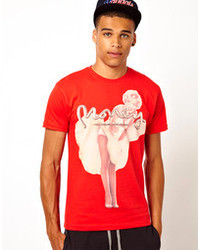 rotes und weißes bedrucktes T-Shirt mit einem Rundhalsausschnitt von Money
