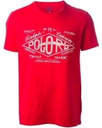 rotes und weißes bedrucktes T-Shirt mit einem Rundhalsausschnitt von Polo Ralph Lauren