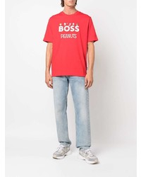 rotes und weißes bedrucktes T-Shirt mit einem Rundhalsausschnitt von BOSS