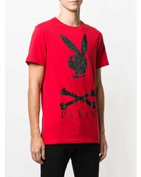 rotes verziertes T-Shirt mit einem Rundhalsausschnitt von Philipp Plein