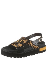 schwarze bedruckte flache Sandalen aus Leder von Pepe Jeans
