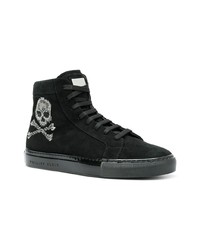 schwarze bedruckte hohe Sneakers aus Leder von Philipp Plein