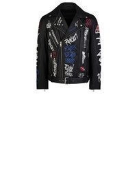 schwarze bedruckte Leder Bikerjacke von TRUEPRODIGY