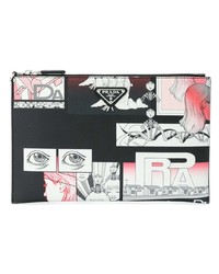 schwarze bedruckte Leder Clutch Handtasche von Prada