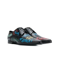 schwarze bedruckte Leder Derby Schuhe von Dolce & Gabbana