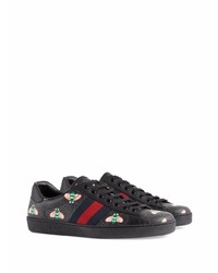 schwarze bedruckte Leder niedrige Sneakers von Gucci