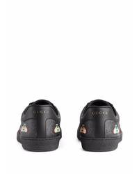 schwarze bedruckte Leder niedrige Sneakers von Gucci